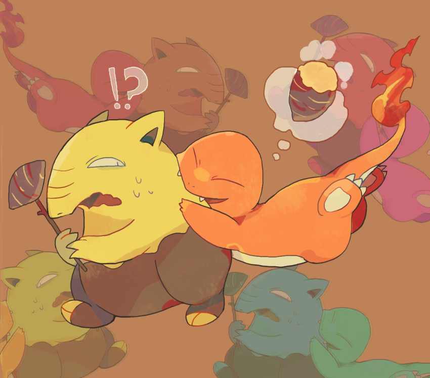 !? akadako animal_focus biting charmander claws commentary_request constricted_pupils dated_commentary drowzee flame-tipped_tail food full_body holding holding_stick jumping looking_at_another looking_back no_humans one-hour_drawing_challenge open_mouth partial_commentary pokemon pokemon_(creature) standing steam stick sweat sweet_potato thought_bubble walking wavy_mouth yakiimo