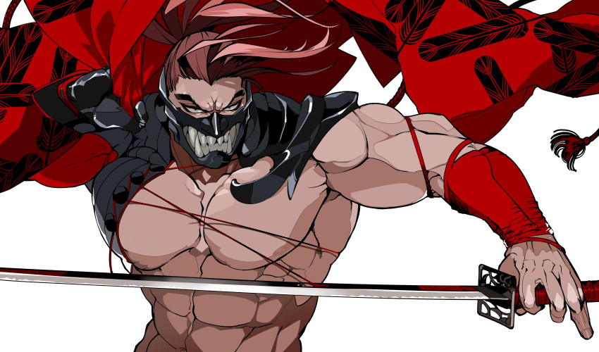 1boy abs angry bangs bare_pectorals biceps brown_hair commentary fate/grand_order fate_(series) hakama highres holding holding_sword holding_weapon igote japanese_clothes katana large_pectorals long_hair looking_at_viewer male_focus mask muscular muscular_male pectorals shiba_ten simple_background solo spiked_hair stomach sword tanaka_shinbei_(fate) upper_body weapon white_background