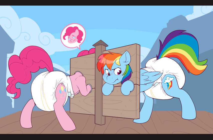 absurd_res blue_body blush bound cuddlehooves cutie_mark diaper duo earth_pony equid equine feathered_wings feathers female feral friendship_is_magic hair hasbro hi_res horse mammal multicolored_hair multicolored_tail my_little_pony nervous pegasus pink_body pink_eyes pink_hair pink_tail pinkie_pie_(mlp) pony rainbow_dash_(mlp) rainbow_hair rainbow_tail wings