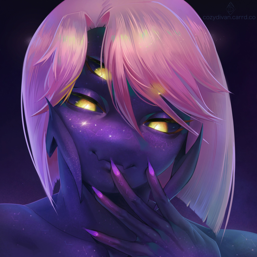 2022 absurd_res anthro arachnid arthropod cosmic_body cozydivan detailed digital_media_(artwork) fan_character hair hi_res looking_at_viewer male multi_eye nails pink_hair portrait purple_body simple_background smile solo spider white_pupil