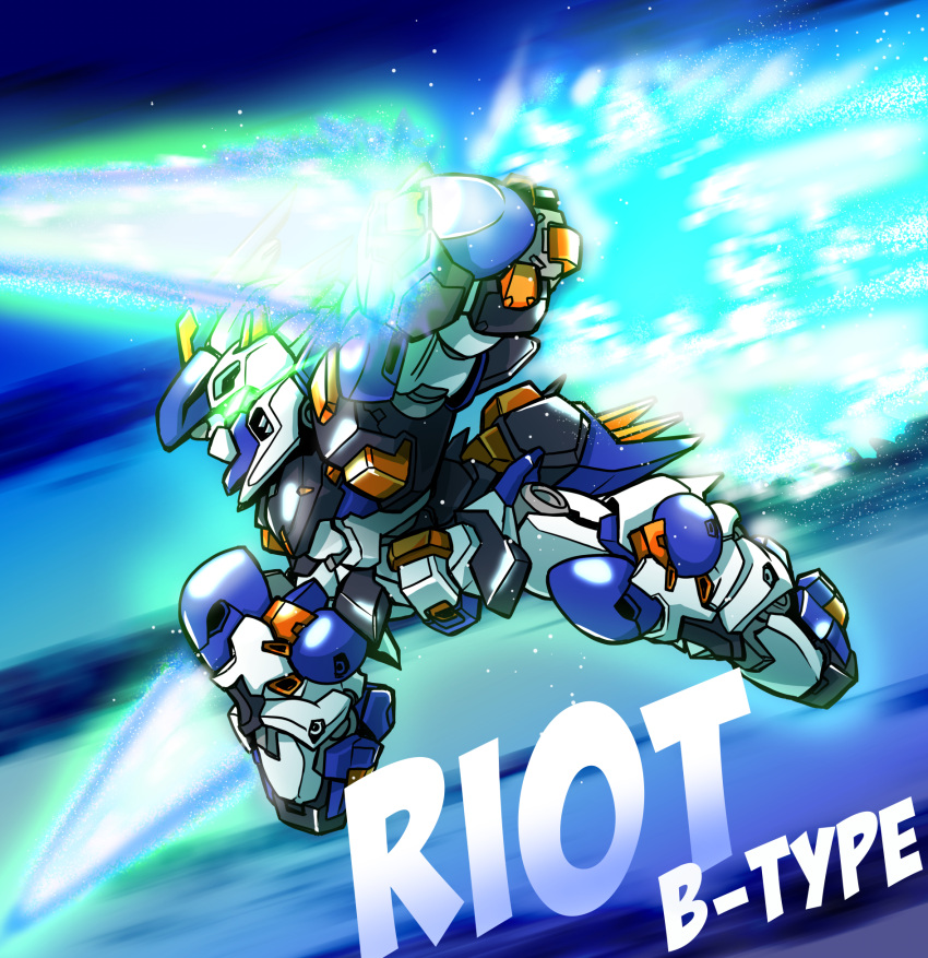 arm_blade character_name chibi energy_blade flying from_side glowing glowing_eye green_eyes highres mecha riot_b solo super_robot_wars super_robot_wars_ux thrusters weapon yuzupapa