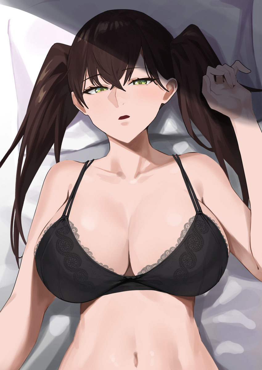 1girl absurdres bangs black_bra black_hair blush bra breasts cleavage collarbone crossed_bangs eyebrows_visible_through_hair green_eyes highres large_breasts long_hair looking_at_viewer lying mitsukichi navel on_back original parted_lips pillow solo twintails underwear upper_body