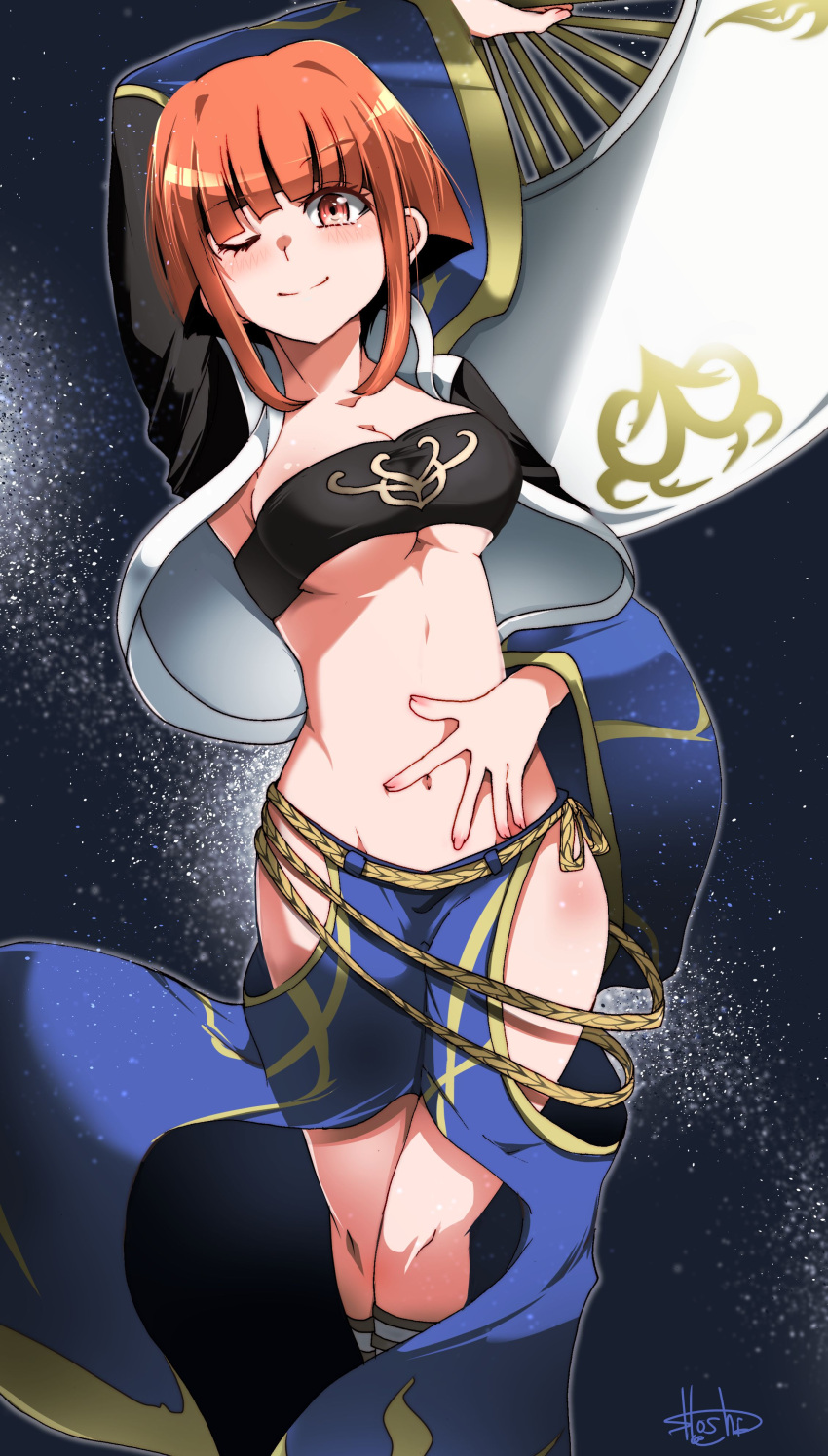 absurdres black_jacket black_tube_top blue_skirt breasts brown_eyes brown_hair cleavage commission cosplay crossover eyebrows_visible_through_hair gardenia_(pokemon) hair_behind_ear hand_fan hand_on_own_stomach highres hip_vent holding holding_fan hoshino_(pixiv12796893) jacket medium_breasts midriff navel one_eye_closed pixiv_request pokemon short_hair skirt strapless super_robot_wars super_robot_wars_og_saga_mugen_no_frontier suzuka_hime suzuka_hime_(cosplay) tube_top underboob