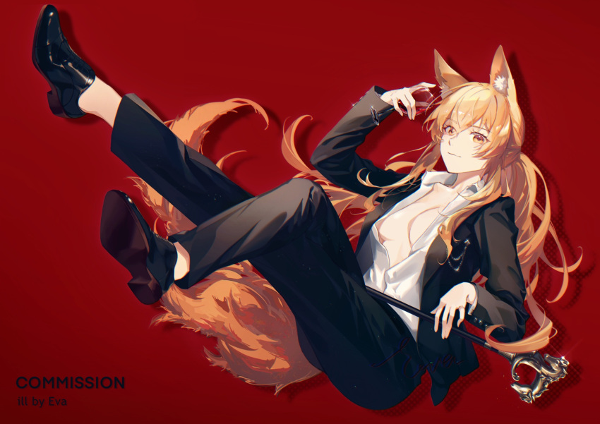 alternate_costume animal_ear_fluff animal_ears arknights artist_name bangs black_footwear black_jacket black_pants blonde_hair breasts brown_eyes cane cleavage closed_mouth collarbone commission crossed_legs cup dress_shirt drinking_glass eva eyebrows_visible_through_hair formal full_body highres holding holding_cup horse_ears horse_girl horse_tail jacket long_hair long_sleeves looking_at_viewer medium_breasts nearl_(arknights) no_bra open_clothes open_jacket open_shirt pants red_background shirt shoes simple_background smile suit tail very_long_hair white_shirt wine_glass