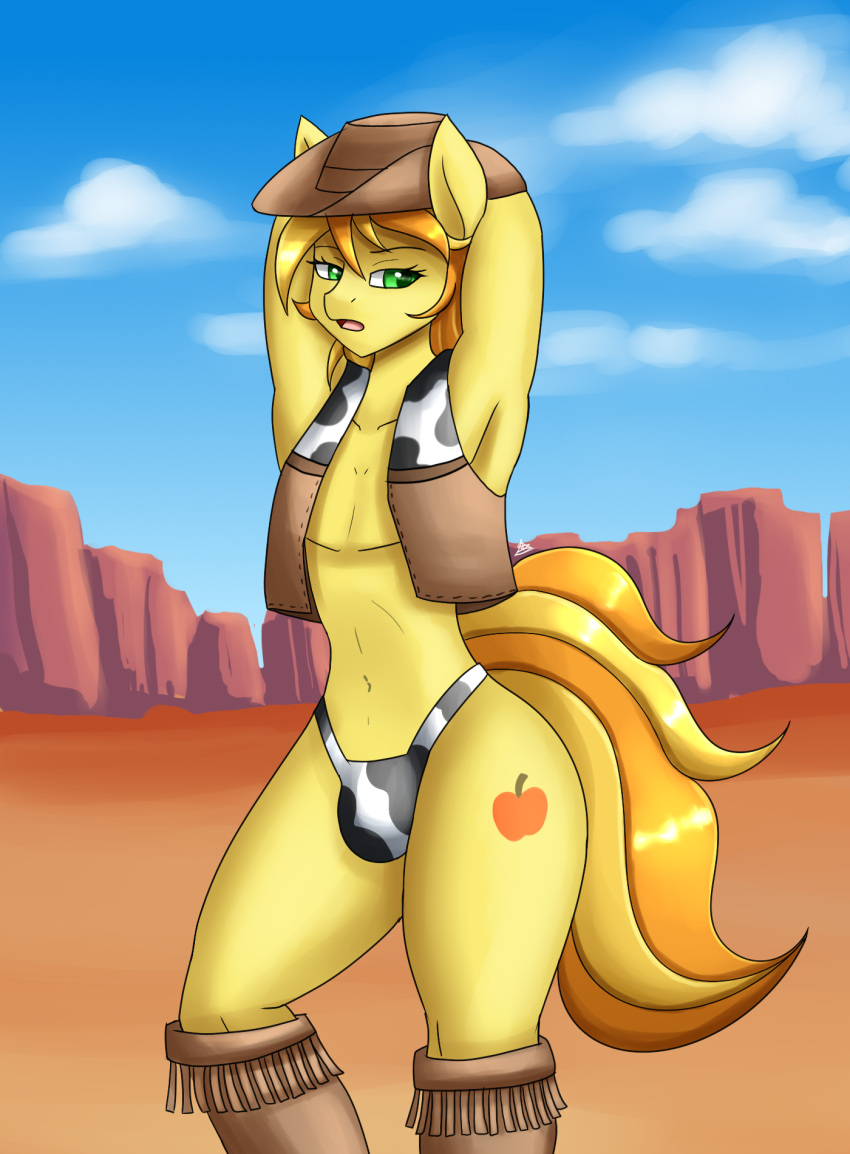 animal_print anthro anthrofied braeburn_(mlp) clothing collarbone cow_print cowboy_hat cutie_mark earth_pony equid equine eyelashes footwear friendship_is_magic girly green_eyes hands_behind_head hasbro hat headgear headwear hi_res horse male mammal my_little_pony navel pony pose shoes solo underwear wide_hips yellow_body zachc