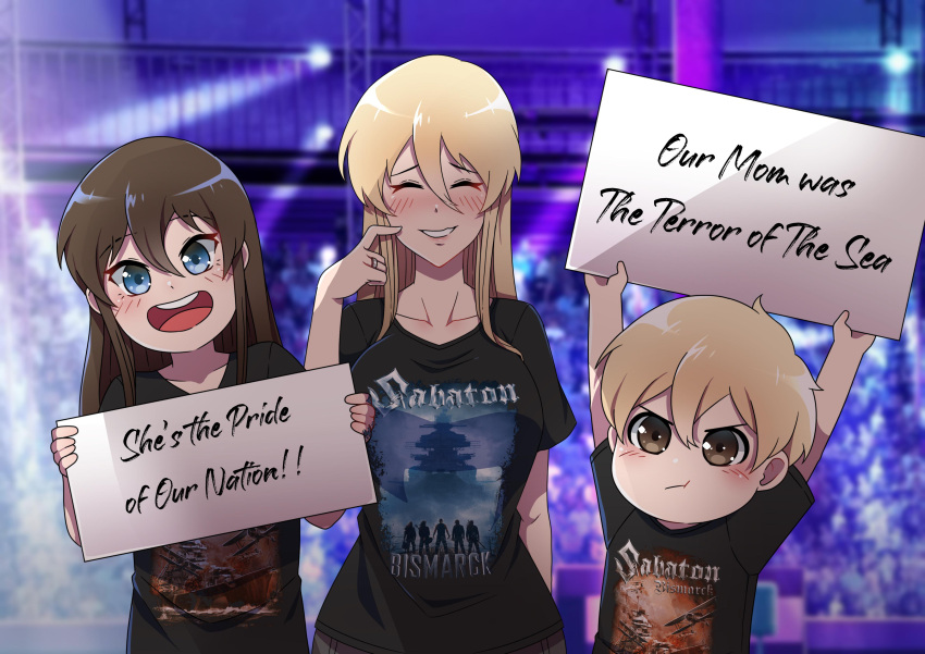 1boy 2girls absurdres azur_lane bismarck_(azur_lane) black_shirt blonde_hair blue_eyes brown_hair commander_cool concert english_text eyebrows_visible_through_hair hair_between_eyes highres holding holding_sign jewelry long_hair long_neck mother_and_daughter mother_and_son multiple_girls photo_background pout ring sabaton_(band) shirt short_hair short_sleeves siblings sign teeth upper_teeth wedding_band