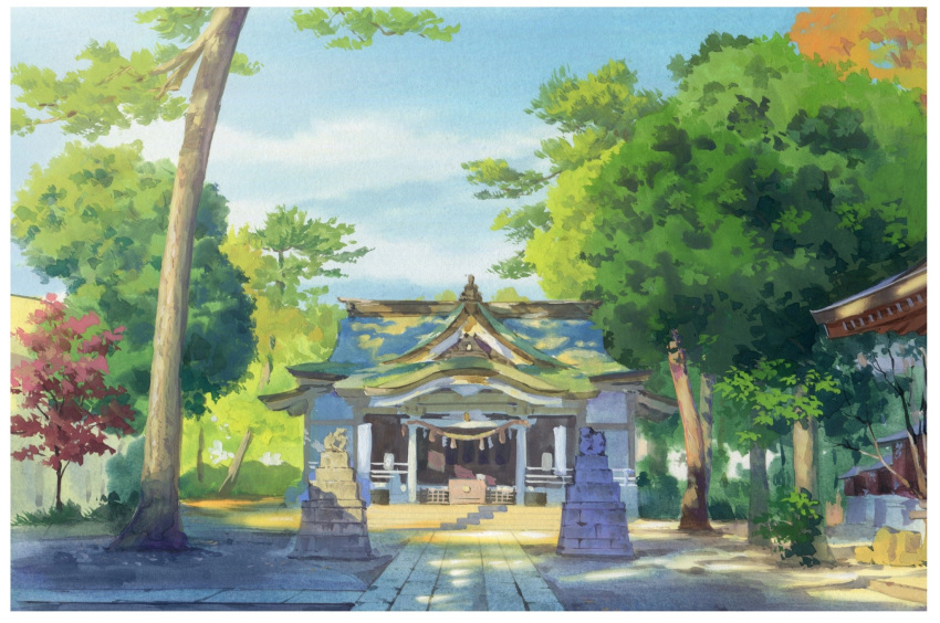 blue_sky border day fox_statue highres no_humans original outdoors painting_(medium) sawitou_mizuki scenery sky temple traditional_media tree white_border