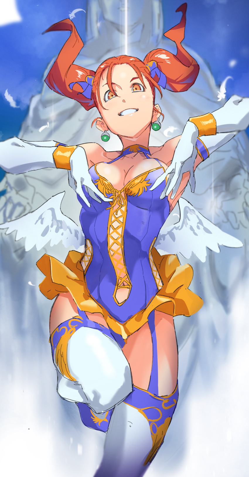 1girl absurdres bare_shoulders breasts cleavage collarbone dragon_quest dragon_quest_viii dress earrings elbow_gloves garter_belt garter_straps gloves highres jessica_albert jewelry looking_at_viewer medium_breasts navel orange_eyes orange_hair pretty-purin720 sketch solo standing standing_on_one_leg strapless strapless_dress thighhighs thighs two_side_up white_gloves white_legwear white_wings wings