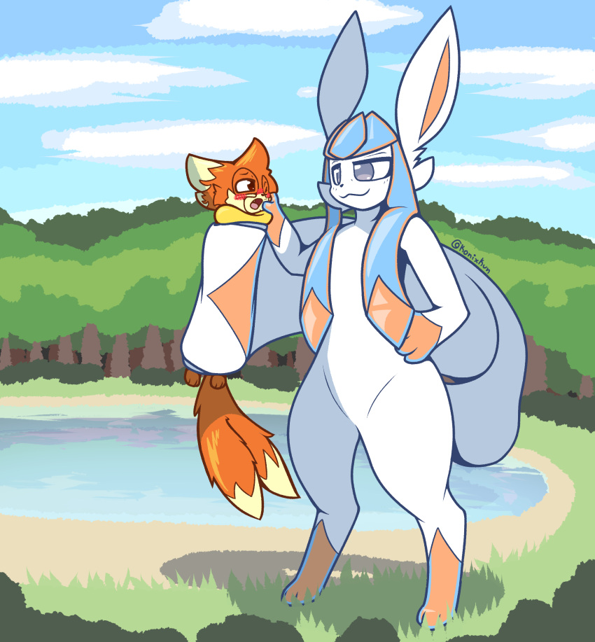 ambiguous_gender anthro big_dom_small_sub blush buizel cheek_pinch crumb_(buizel) dominant duo eeveelution fan_character feral glaceon hi_res konixkun nintendo pok&eacute;mon pok&eacute;mon_(species) size_difference tail_hug video_games