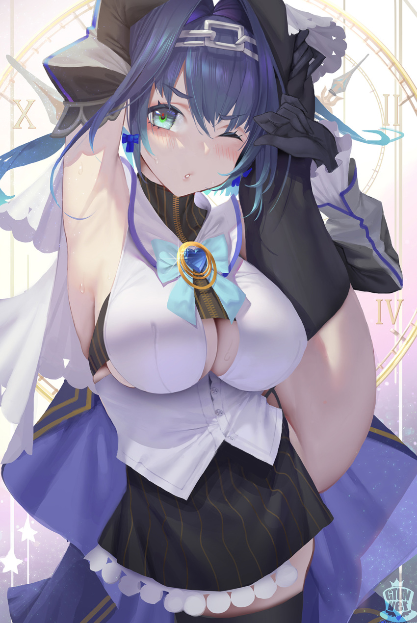 1girl armpits bangs black_gloves black_legwear black_skirt blue_bow blue_bowtie blue_eyes blue_hair blush bow bowtie breasts detached_sleeves eyebrows_visible_through_hair gloves gtunver hair_between_eyes hair_intakes head_chain heart highres hololive hololive_english large_breasts long_sleeves looking_at_viewer one_eye_closed ouro_kronii parted_lips shirt skirt sleeveless sleeveless_shirt solo split standing standing_on_one_leg standing_split thighhighs virtual_youtuber white_shirt