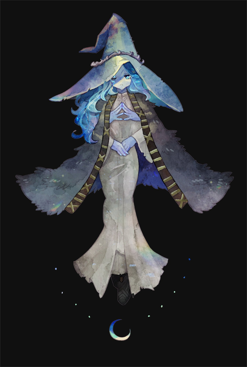 1girl :c black_background blue_eyes blue_hair blue_skin botjira cloak closed_mouth colored_skin crescent_moon dress elden_ring extra_arms fur_cloak grey_dress hat highres long_dress looking_at_viewer moon one_eye_closed ranni_the_witch simple_background solo witch_hat