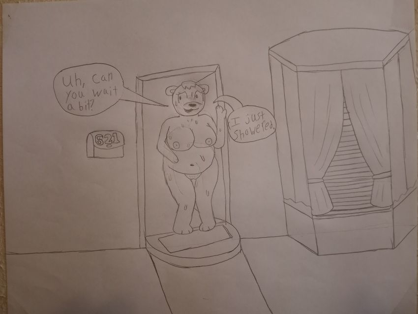 absurd_res anthro areola bozumi chubby_female dialogue door doorway english_text female genitals graphite_(artwork) hand_on_stomach hi_res looking_back mailbox mammal navel nervous nervous_smile nervous_sweat nipples nude number outside pencil_(artwork) public public_nudity pussy slightly_chubby solo speech_bubble standing text traditional_media_(artwork) ursid welcome_mat wet wet_body window