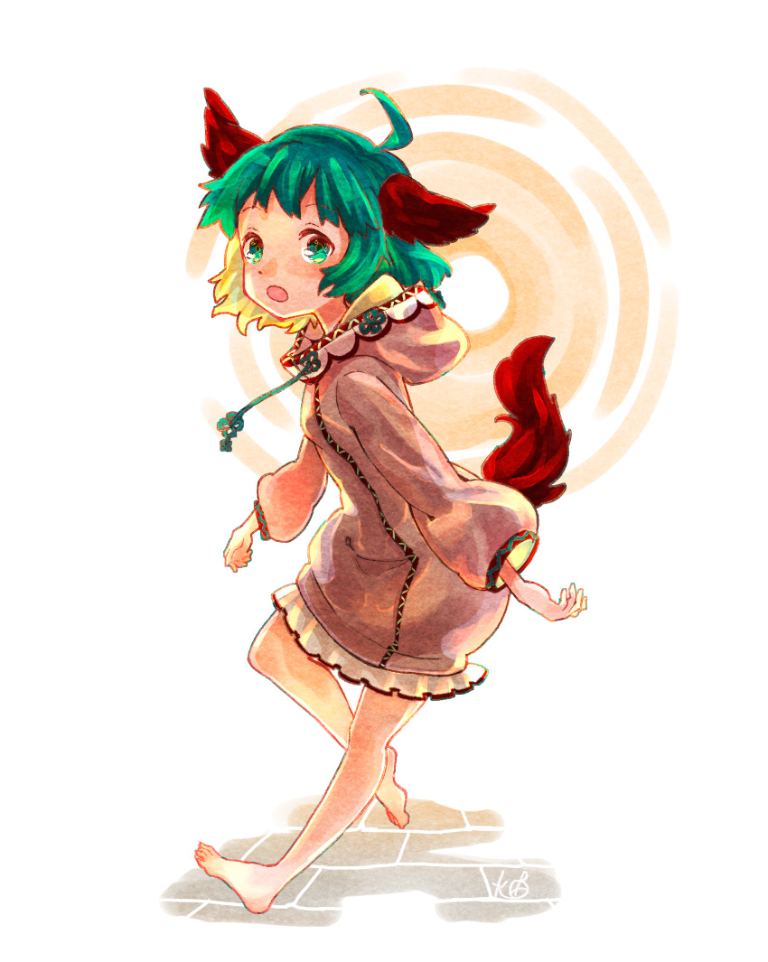 1girl :o absurdres adapted_costume ahoge animal_ears backlighting bangs barefoot brown_tail chinese_knot dog_ears dog_tail dot_nose drawstring floating_hair flower_knot frills from_side full_body green_eyes green_hair green_pupils highres hood hood_down hoodie htk_mikan kasodani_kyouko leg_up long_sleeves looking_at_viewer looking_to_the_side open_mouth pavement pink_hoodie puffy_long_sleeves puffy_sleeves running_bond short_hair signature solo standing tail tareme touhou white_background