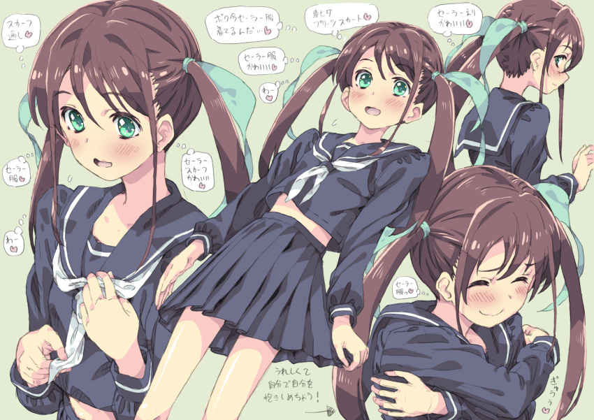 1boy :d ^_^ blue_sailor_collar blue_serafuku blue_skirt blush bow brown_hair closed_eyes crossdressing from_side green_eyes green_ribbon homing_(areya) long_hair midriff midriff_peek original otoko_no_ko ribbon sailor_collar school_uniform self_hug serafuku skirt smile translation_request