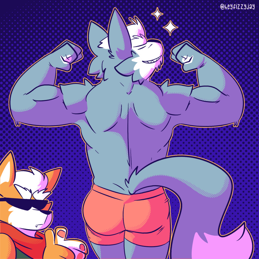 2022 anthro biceps blue_background canid canine canis clothed clothing dotted_background duo eyebrows eyes_closed eyewear fizzyjay flexing fox fox_mccloud fur gesture hair hi_res male mammal meme muscular muscular_anthro muscular_male neckerchief nintendo pattern_background rear_view shirt simple_background smile standing star star_fox sunglasses tank_top teeth text topless topless_anthro topless_male topwear tuft underwear url video_games wolf wolf_o'donnell