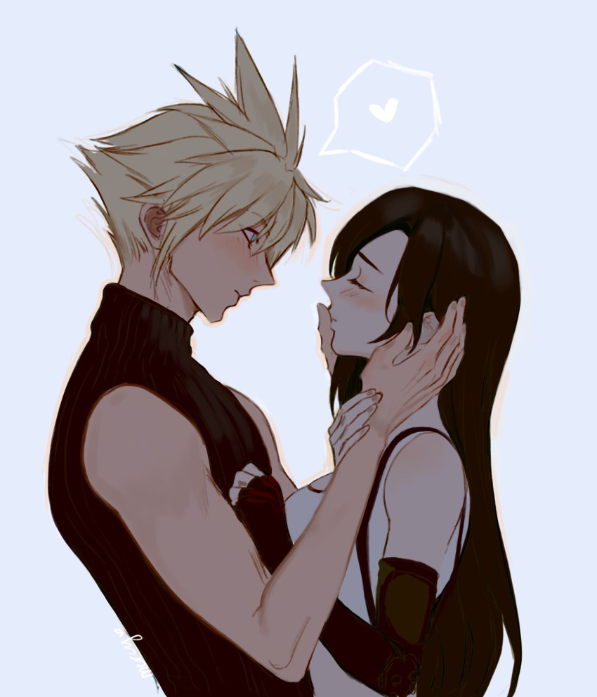 1boy 1girl black_hair blonde_hair blue_eyes blush caress closed_eyes cloud_strife detached_sleeves final_fantasy final_fantasy_vii final_fantasy_vii_remake hand_on_another's_cheek hand_on_another's_chest hand_on_another's_face hands heart highres long_hair looking_at_another mercy_(myrrcy) spiked_hair suspenders tank_top tifa_lockhart turtleneck