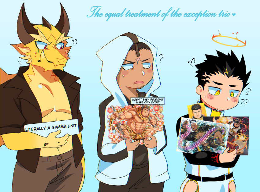 ?? angel anthro black_hair blush english_text group hair halo hi_res hood human humor lifewonders lisuchi male mammal muscular muscular_anthro muscular_male oniwaka ophion scales text tokyo_afterschool_summoners trio video_games yellow_body yellow_scales zabaniya