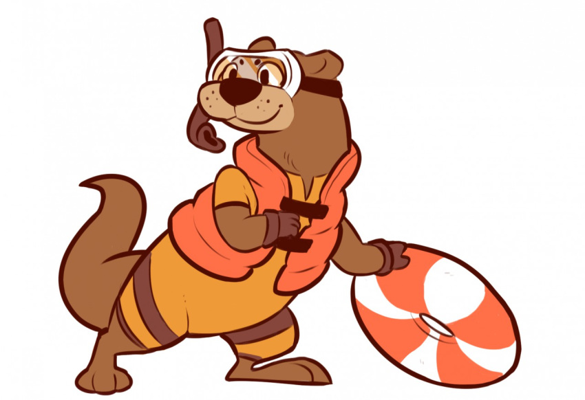 anthro brown_body brown_fur chumpy clothed clothing diving_mask eyewear flotation_device fur goggles lifeguard lifevest looking_away lutrine male mammal mask mustelid pose scuba_gear simple_background smile solo standing swimwear white_background