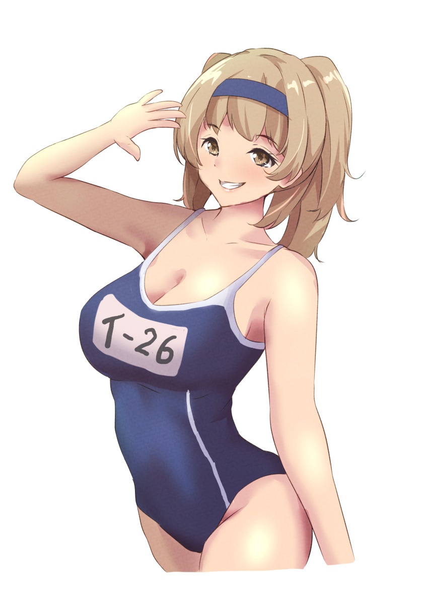 1girl absurdres blue_swimsuit breasts brown_eyes cleavage collarbone commentary_request competition_school_swimsuit cowboy_shot cropped_legs eyebrows_visible_through_hair hairband highres i-26_(kancolle) kamikitayotsuba kantai_collection large_breasts light_brown_eyes light_brown_hair lips long_hair looking_at_viewer name_tag new_school_swimsuit one-hour_drawing_challenge one-piece_swimsuit parted_lips salute school_swimsuit simple_background smile solo swimsuit two_side_up white_background