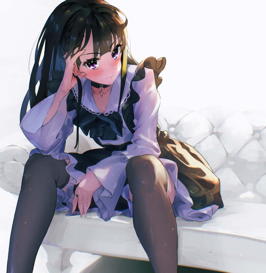 1girl absurdres bangs black_dress black_hair black_legwear blush choker closed_mouth couch dress feet_out_of_frame hand_on_own_head highres leaning_forward lips long_hair long_sleeves looking_at_viewer original otokoe pinafore_dress purple_eyes sailor_collar shirt sitting solo thighhighs white_shirt