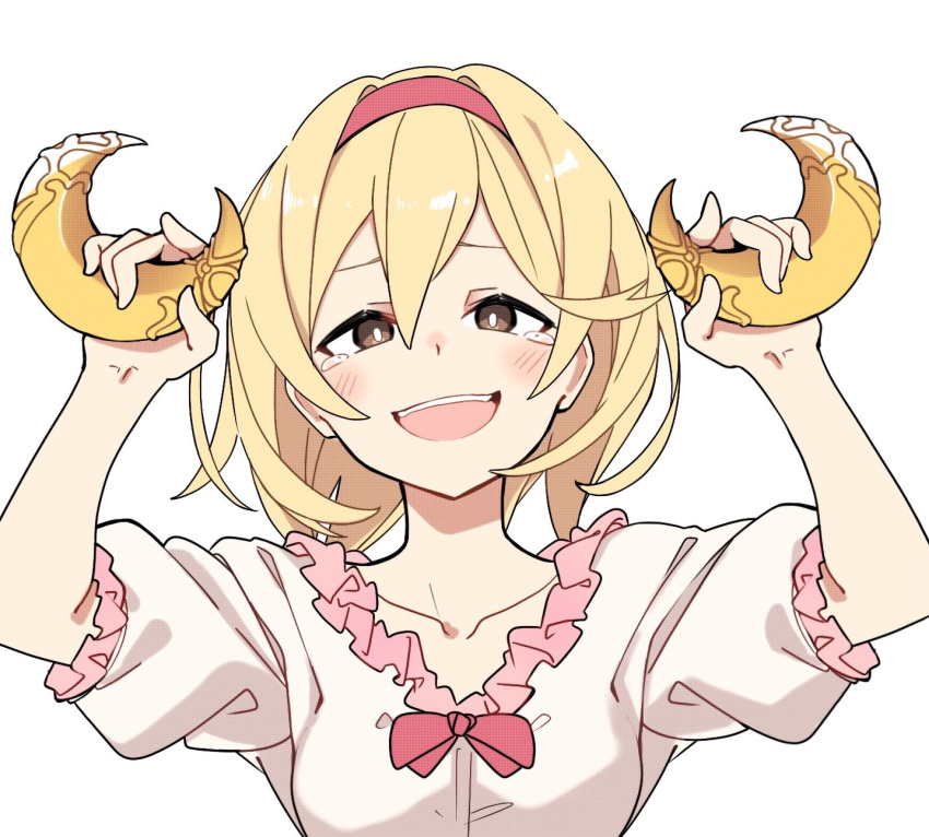 1girl blonde_hair blush crescent crying crying_with_eyes_open djeeta_(granblue_fantasy) dress fighter_(granblue_fantasy) granblue_fantasy hairband highres mikokomiyazawa open_mouth portrait short_hair simple_background solo tears white_background