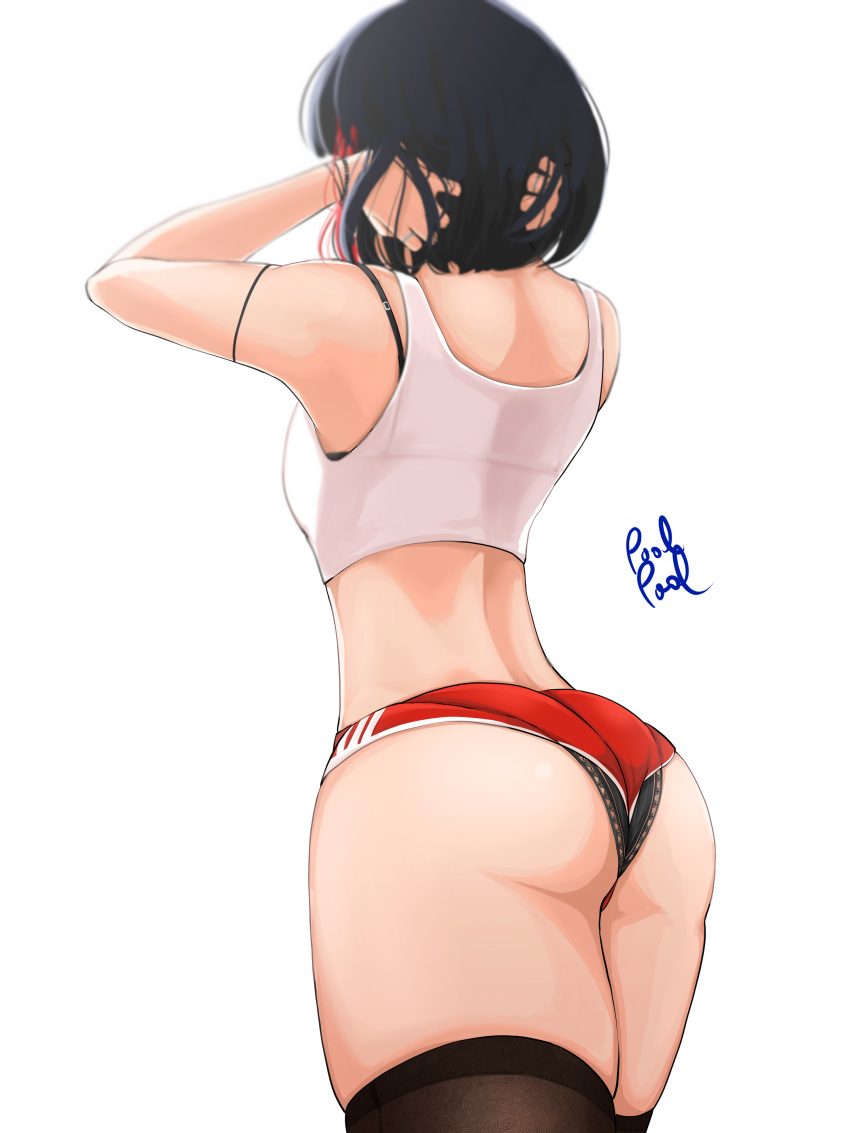 1girl absurdres artist_name ass back bang_dream! black_bra black_hair black_legwear black_panties bra bra_strap buruma crop_top from_behind hands_in_hair highres medium_hair mitake_ran panties poolpool red_shorts shirt short_hair shorts simple_background skindentation thighhighs thighs underwear wedgie white_shirt