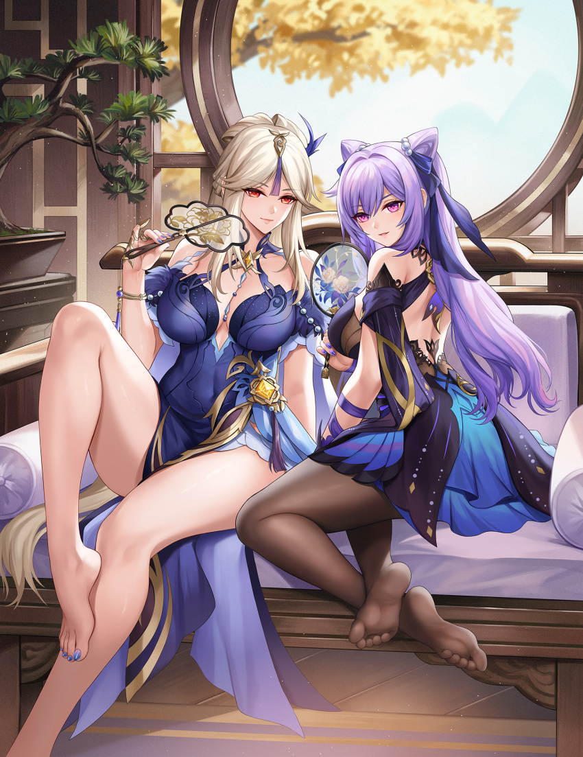 2girls bangs bare_legs bare_shoulders barefoot blue_dress blue_nails bonsai breasts brown_legwear closed_mouth couch dress eyebrows_visible_through_hair feet genshin_impact hair_cones hand_fan highres holding holding_fan kacyu keqing_(genshin_impact) keqing_(opulent_splendor)_(genshin_impact) large_breasts long_hair multiple_girls nail_polish ningguang_(genshin_impact) ningguang_(orchid's_evening_gown)_(genshin_impact) no_shoes on_couch pantyhose parted_bangs parted_lips purple_eyes purple_hair purple_nails red_eyes round_window sitting smile toenail_polish toenails very_long_hair vision_(genshin_impact) white_hair window