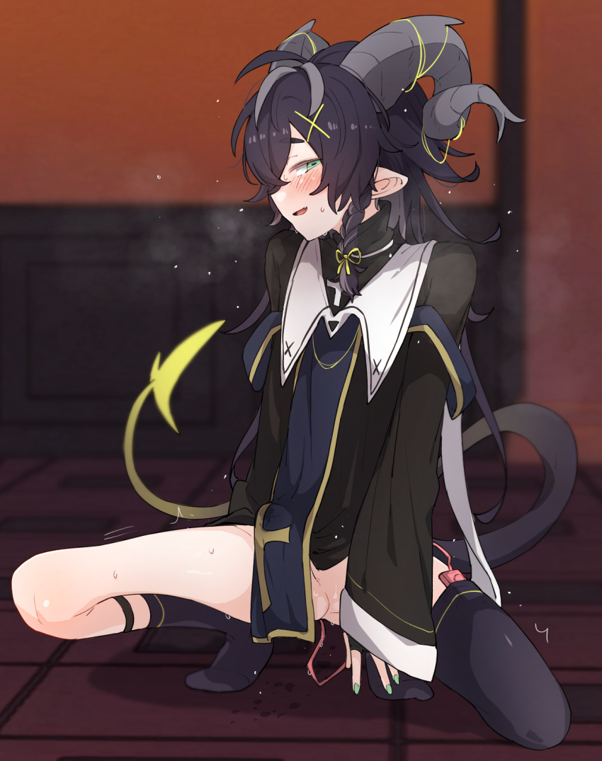 1boy asymmetrical_legwear bangs black_hair black_legwear blush braid bulge cross demon_boy erection erection_under_clothes green_eyes grey_hair hair_between_eyes hair_ribbon higashi_shino highres horns kneehighs long_sleeves looking_at_viewer male_focus original otoko_no_ko parted_lips pelvic_curtain pointy_ears ribbon sex_toy side_braid single_kneehigh single_thighhigh solo squatting sweat tail thighhighs vibrator vibrator_cord vibrator_under_clothes yellow_ribbon