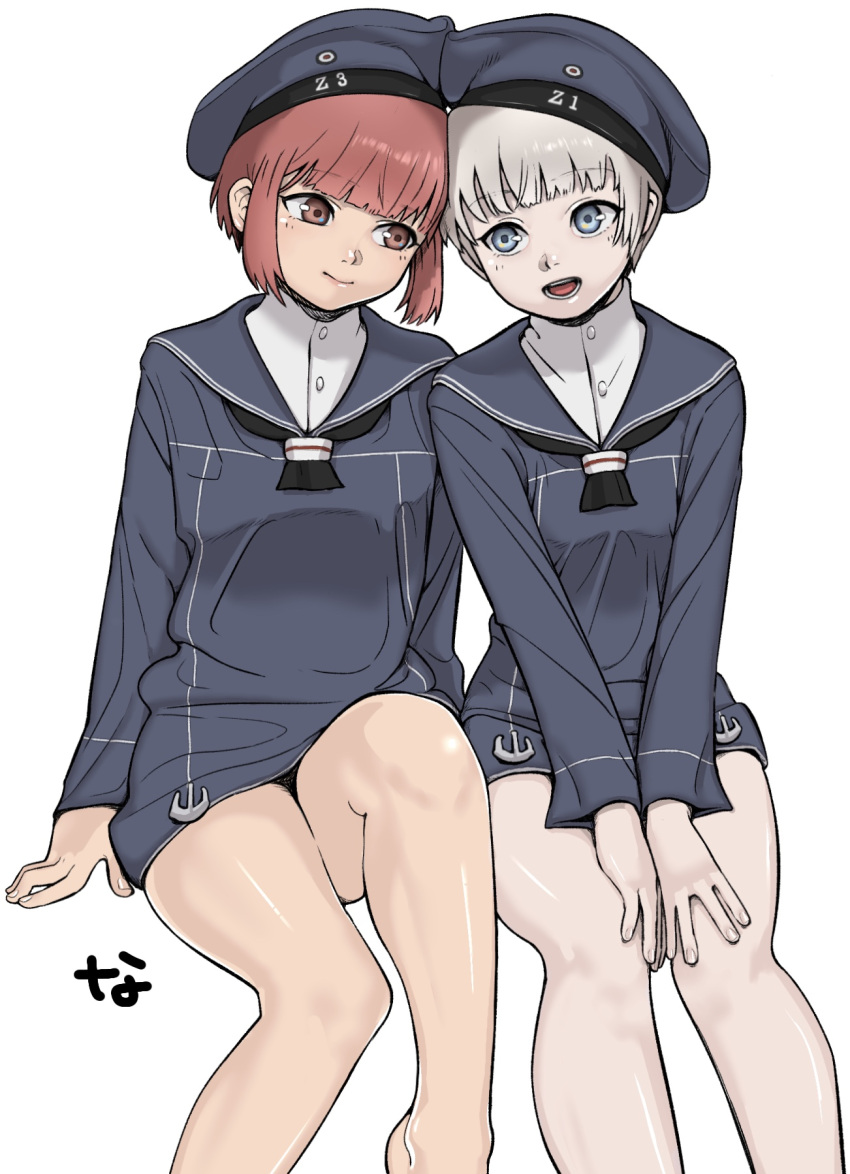 2girls anchor bare_legs blue_eyes brown_eyes dress feet_out_of_frame hat heads_together highres ibispaint_(medium) kantai_collection kriegsmarine looking_at_another multiple_girls nanja open_mouth red_hair sailor_collar sailor_dress sailor_hat short_hair silver_hair simple_background sitting smile white_background z1_leberecht_maass_(kancolle) z3_max_schultz_(kancolle)