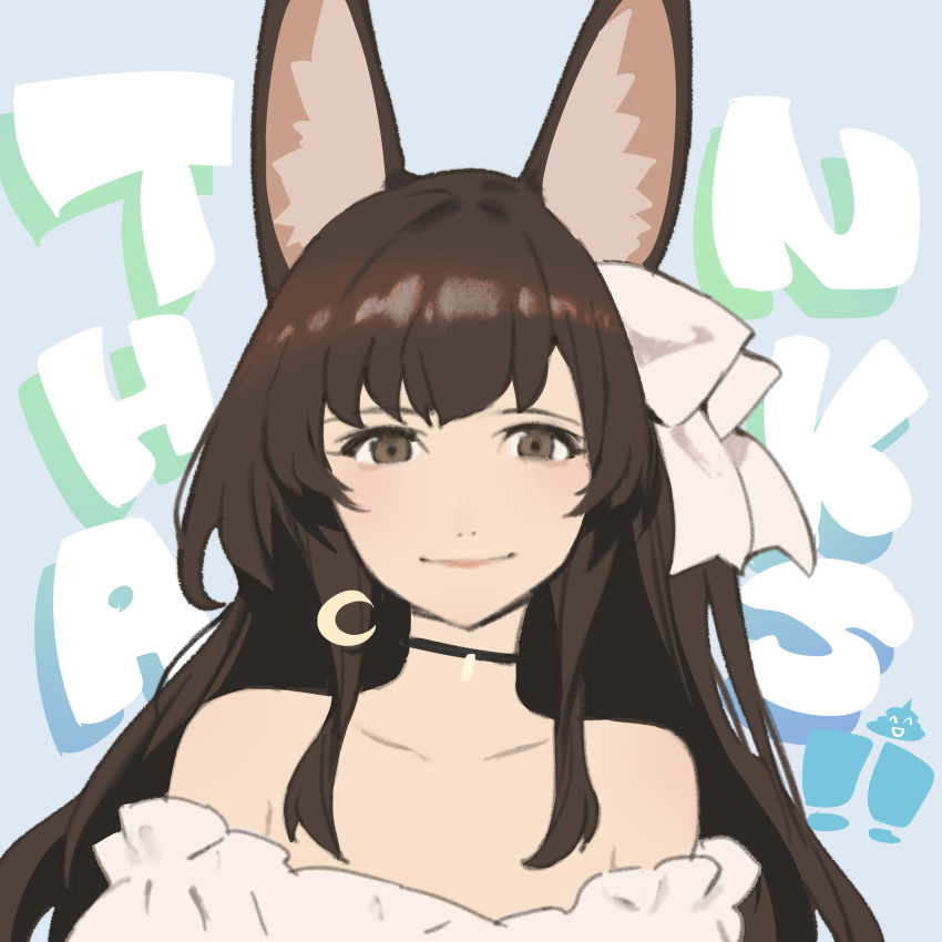 1girl absurdres animal_ears black_choker borrowed_character brown_eyes brown_hair chai_(vtuber) choker closed_mouth dress fox_ears highres indie_virtual_youtuber long_hair looking_at_viewer off-shoulder_dress off_shoulder ryota-h smile solo thank_you upper_body