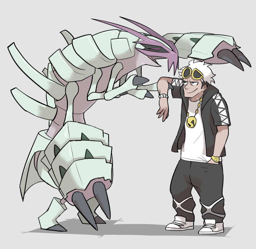 1boy bangs black_pants claws closed_eyes eyewear_on_head golisopod grey_background guzma_(pokemon) hand_in_pocket highres jewelry male_focus necklace pants pokemon pokemon_(creature) pokemon_(game) pokemon_sm shadow shirt shoes simple_background smirk sneakers standing sunglasses tirarizun undercut watch white_footwear white_hair white_shirt wristwatch yellow-framed_eyewear