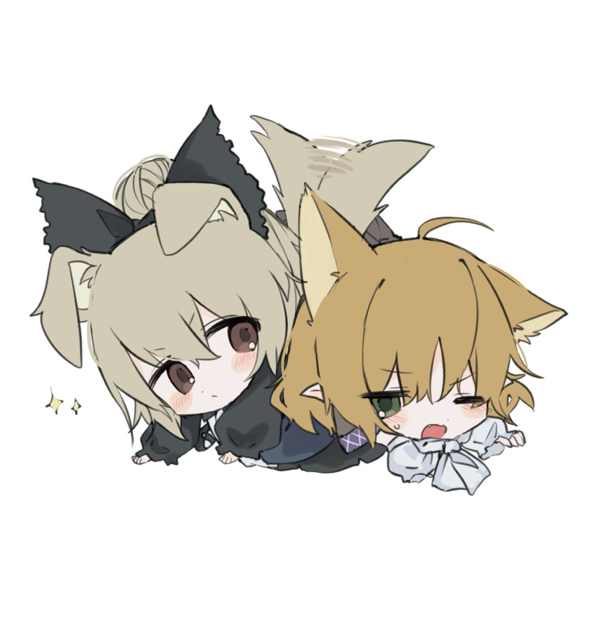 2girls ahoge animal_ears arm_warmers bangs black_bow black_dress blonde_hair blush bow brown_eyes cat_ears chibi dog_ears dog_tail dress extra_ears fang green_eyes hair_bun highres kemonomimi_mode kurodani_yamame kyouka_(wmia0717) long_sleeves mizuhashi_parsee multiple_girls one_eye_closed open_mouth pointy_ears short_hair simple_background sparkle tail tail_wagging touhou white_background