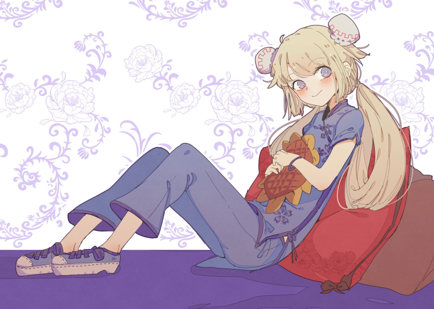 1girl at2. blonde_hair blue_dress blue_footwear blush bracelet bun_cover character_request china_dress chinese_clothes closed_mouth copyright_request dress eyebrows_visible_through_hair highres jewelry long_hair looking_at_viewer low_twintails pillow shoes short_sleeves sitting smile sneakers solo twintails