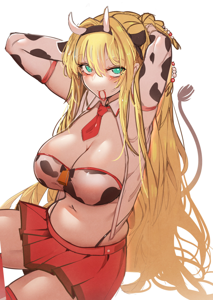 1girl absurdres adjusting_hair animal_print arms_behind_head arms_up at2. blonde_hair breasts cleavage cow_print elbow_gloves eyebrows_visible_through_hair fake_horns gloves green_eyes hair_tie_in_mouth highres horns large_breasts looking_at_viewer mouth_hold navel necktie red_necktie red_skirt skirt solo tsurumaki_maki voiceroid