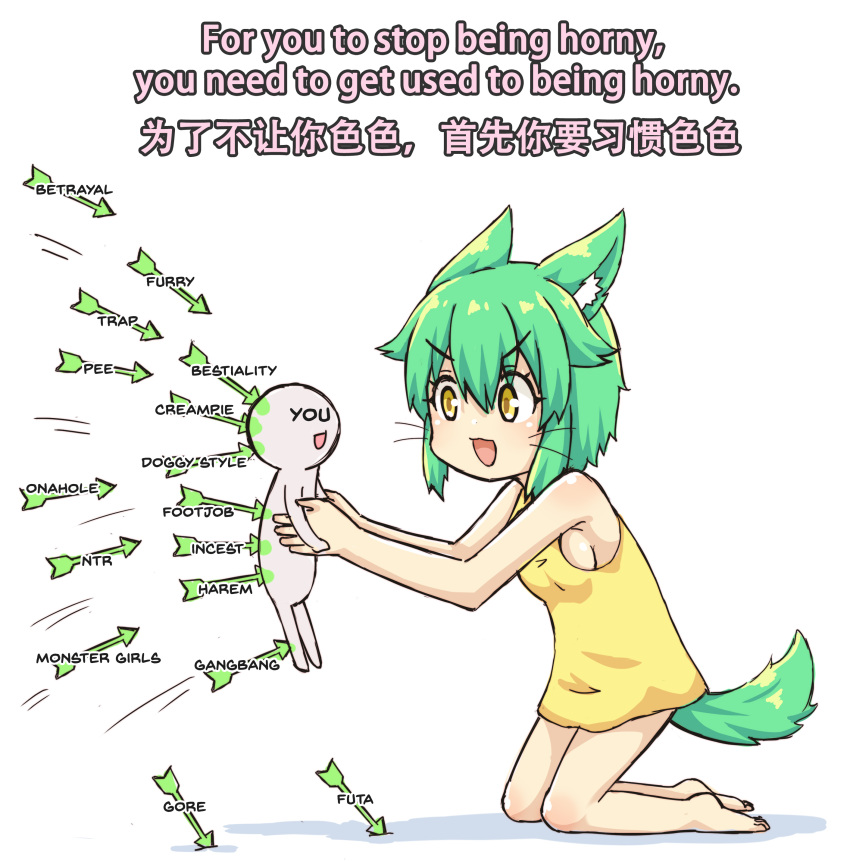 1girl 1other :3 :d absurdres animal_ear_fluff animal_ears arrow_(projectile) artist_self-insert bangs bare_shoulders barefoot breasts cat_ears cat_girl cat_tail chinese_commentary chinese_text commentary english_commentary english_text eyebrows_visible_through_hair eyelashes green_hair greenteaneko greenteaneko-chan hair_between_eyes highres holding_person kneeling light_blush looking_at_another medium_hair mixed-language_commentary motion_lines open_mouth original shirt sideboob sidelocks smile tail v-shaped_eyebrows whiskers white_background yellow_eyes yellow_shirt