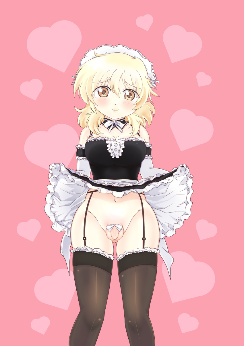 1girl absurdres bare_shoulders blonde_hair blush brown_eyes clothes_lift commission commissioner_upload elbow_gloves flaccid foreskin full-package_futanari futanari gloves hidamari_sketch highres lifted_by_self long_hair looking_at_viewer maid maid_headdress miyako_(hidamari_sketch) penis penis_ribbon pink_background ribbon skirt skirt_lift small_penis smile solo testicles thighhighs