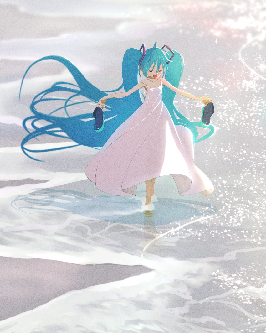 1girl aqua_hair bare_shoulders barefoot beach closed_eyes day dress hatsune_miku highres holding holding_shoes long_hair ocean off_shoulder open_mouth outdoors sand shoes shore sleeveless sleeveless_dress solo strap_slip twintails very_long_hair vocaloid water white_dress yuki_yukki12