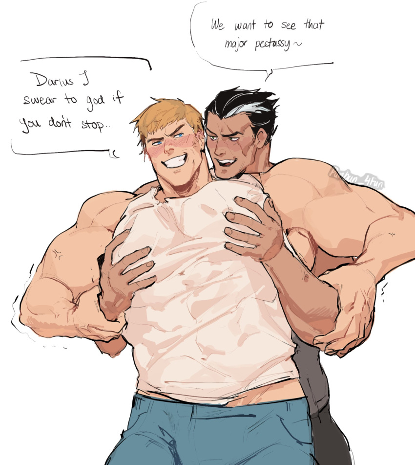 2boys abs artist_name bara battle_academia_(league_of_legends) battle_academy_garen behind_another biceps black_hair blonde_hair blue_eyes blush darius_(league_of_legends) garen_(league_of_legends) grabbing hand_on_another's_arm highres hug large_pectorals league_of_legends male_focus meme multiple_boys muscular muscular_male pants pectoral_grab pectoral_squeeze pectorals punbun_4fun scar scar_on_face smile speech_bubble tank_top thick_arms tight upper_body veins white_background yaoi