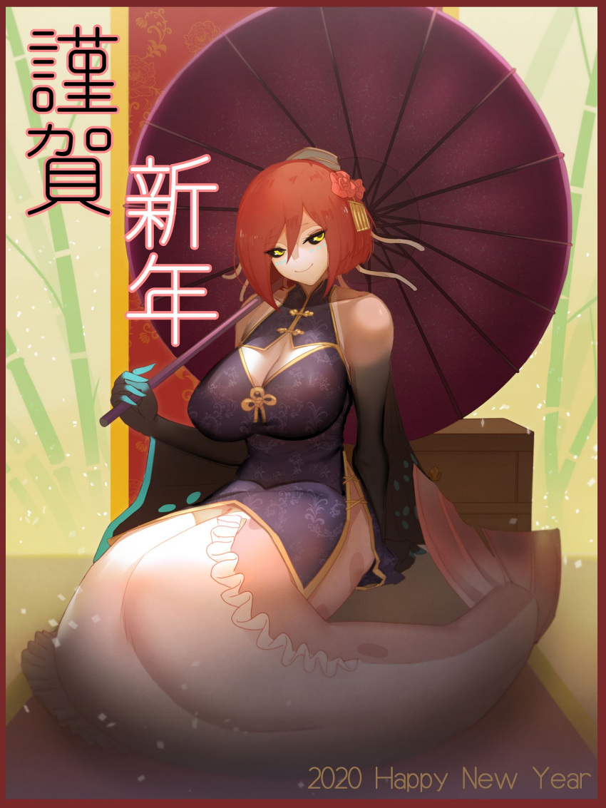 1girl at2. black_dress black_sclera breasts china_dress chinese_clothes cleavage cleavage_cutout closed_mouth clothing_cutout collarbone colored_sclera dress eyebrows_visible_through_hair happy_new_year highres holding holding_umbrella large_breasts looking_at_viewer mermaid monster_girl oil-paper_umbrella original red_hair short_hair smile solo translation_request umbrella yellow_eyes