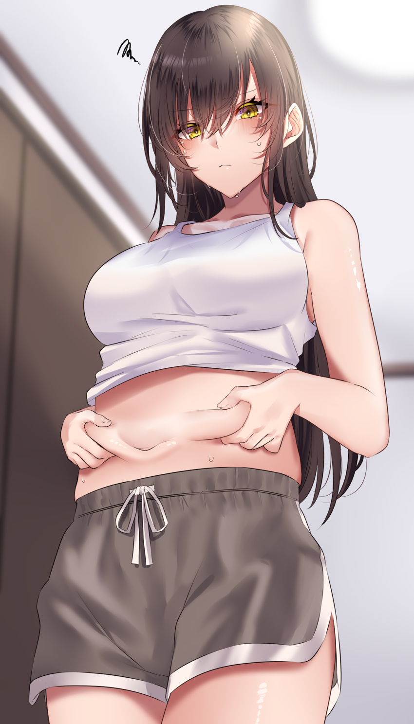 1girl bangs bare_shoulders belly_grab black_hair blush breasts clothes_lift commentary highres large_breasts long_hair navel onineko-chan original shirt_lift shorts solo stomach sweat tank_top weight_conscious yellow_eyes