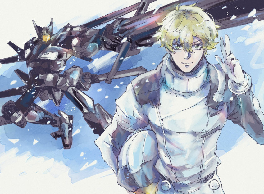 1boy blonde_hair commentary flag_custom graham_aker gundam gundam_00 hand_gesture helmet highres holding holding_helmet holding_weapon kare_(0621utak) looking_at_viewer male_focus mecha mobile_suit pilot_suit weapon yellow_eyes