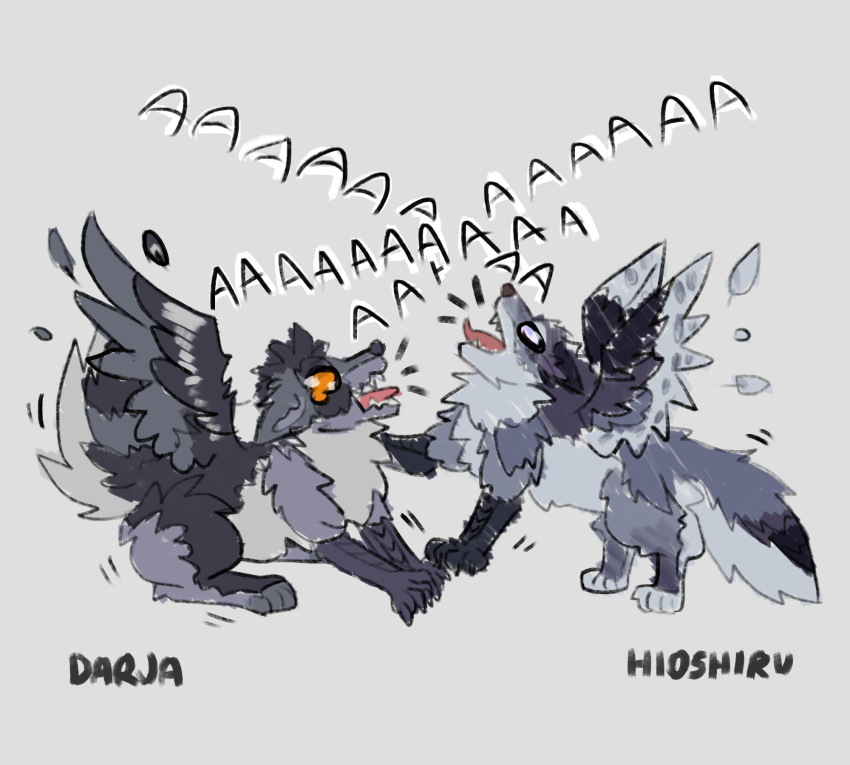 aaaaaaaaaaa canid canine chibi darja_(character) duo enfield feathers female feral fluffy fluffy_tail hi_res hioshiru_(character) humor internal_screaming invalid_tag mammal neck_tuft screaming silly silly_face smoll sorajona spread_wings tuft wings