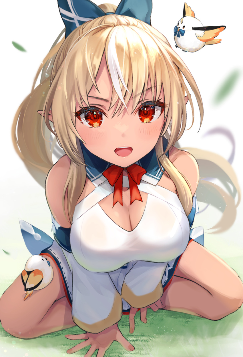 1girl arm_support bangs bare_legs bare_shoulders bird blonde_hair blue_bow blurry blurry_background blurry_foreground blush bow bowtie breasts cleavage commentary_request crossed_bangs dark-skinned_female dark_elf dark_skin depth_of_field detached_sleeves dress elf elfriend_(shiranui_flare) eyebrows_visible_through_hair foreshortening from_above hair_bow high_ponytail highres hololive indian_style large_breasts leaning_forward looking_at_viewer multicolored_hair open_hand open_mouth outdoors pi_tayuko pointy_ears ponytail red_bow red_eyes shadow shiny shiny_hair shiranui_flare short_dress sidelocks sitting solo spread_legs streaked_hair teeth upper_teeth virtual_youtuber white_dress white_hair white_sleeves
