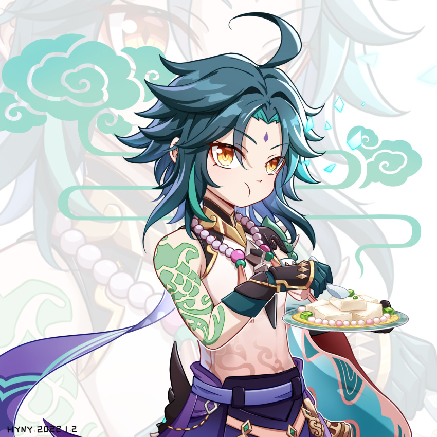 1boy arm_tattoo bangs bare_shoulders bead_necklace beads bishounen cake closed_mouth cowboy_shot eating eyes_visible_through_hair facial_mark food forehead_mark genshin_impact gloves green_hair highres holding holding_food hyny jewelry long_hair looking_at_viewer male_focus multicolored_hair necklace see-through_shirt simple_background solo tattoo two-tone_hair xiao_(genshin_impact) yellow_eyes