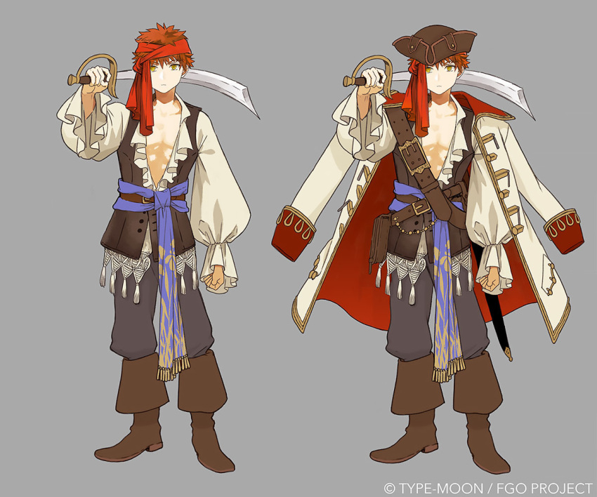 1boy boots brown_footwear coat coat_on_shoulders concept_art cutlass_(sword) emiya_shirou fate/grand_order fate_(series) grey_background hat holding holding_weapon long_sleeves looking_at_viewer male_focus official_alternate_costume official_art pirate pirate_hat red_hair senji_muramasa_(fate) shirahama_kamome simple_background solo sword weapon yellow_eyes