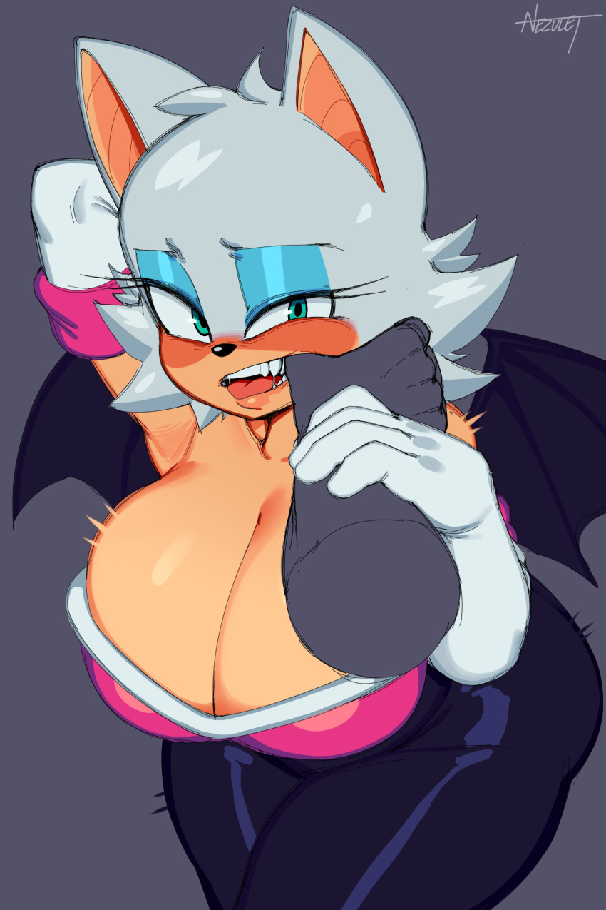 1girl absurdres animal_ears animal_nose areolae bare_shoulders bat_ears bat_girl bat_wings belly blush breasts cleavage curvy elbow_gloves eyeshadow finger_in_another's_mouth furry furry_female gloves green_eyes hand_in_mouth highres huge_breasts makeup nezulet plump rouge_the_bat sharp_teeth solo sonic_(series) teeth thick_thighs thighs white_fur white_gloves wings