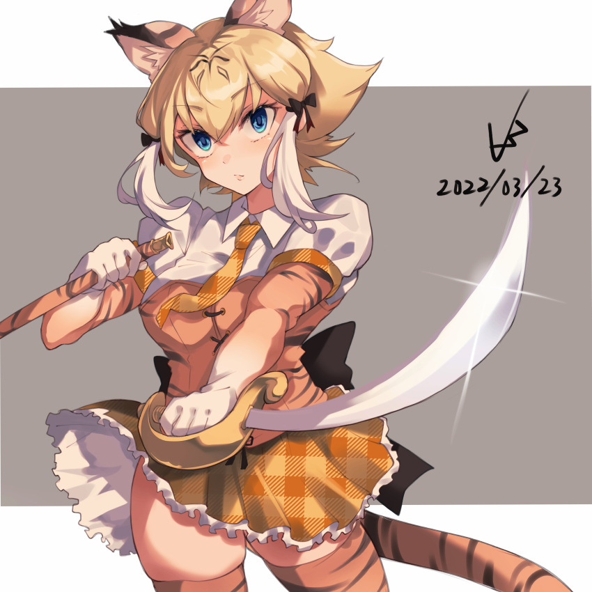 1girl absurdres animal_ears animal_print blonde_hair blue_eyes breasts closed_mouth cutlass_(sword) dated elbow_gloves expressionless eyebrows_visible_through_hair gloves highres holding holding_sword holding_weapon iparuputsua kemono_friends looking_at_viewer medium_breasts necktie orange_necktie short_hair short_sleeves signature smilodon_(kemono_friends) solo sword tail thighhighs tiger_ears tiger_print tiger_tail weapon white_hair