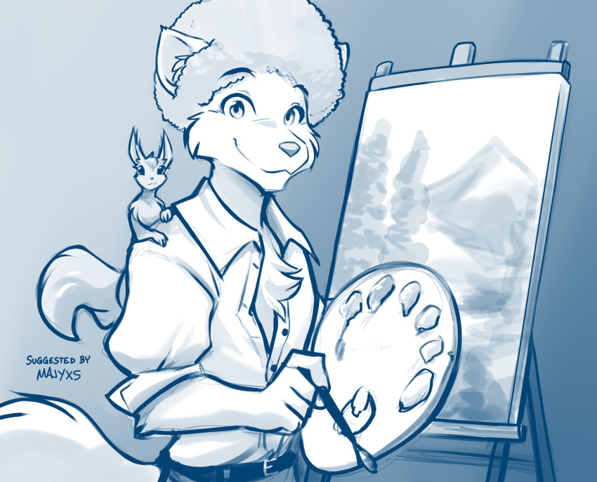 afro anthro bob_ross canid clothed clothing conditional_dnp duo female feral fur hi_res holding_object keidran looking_at_viewer male mammal monochrome mrs._nibbly open_clothing open_shirt open_topwear palette rodent sciurid shirt sythe_(twokinds) tom_fischbach topwear tree_squirrel twokinds webcomic webcomic_character