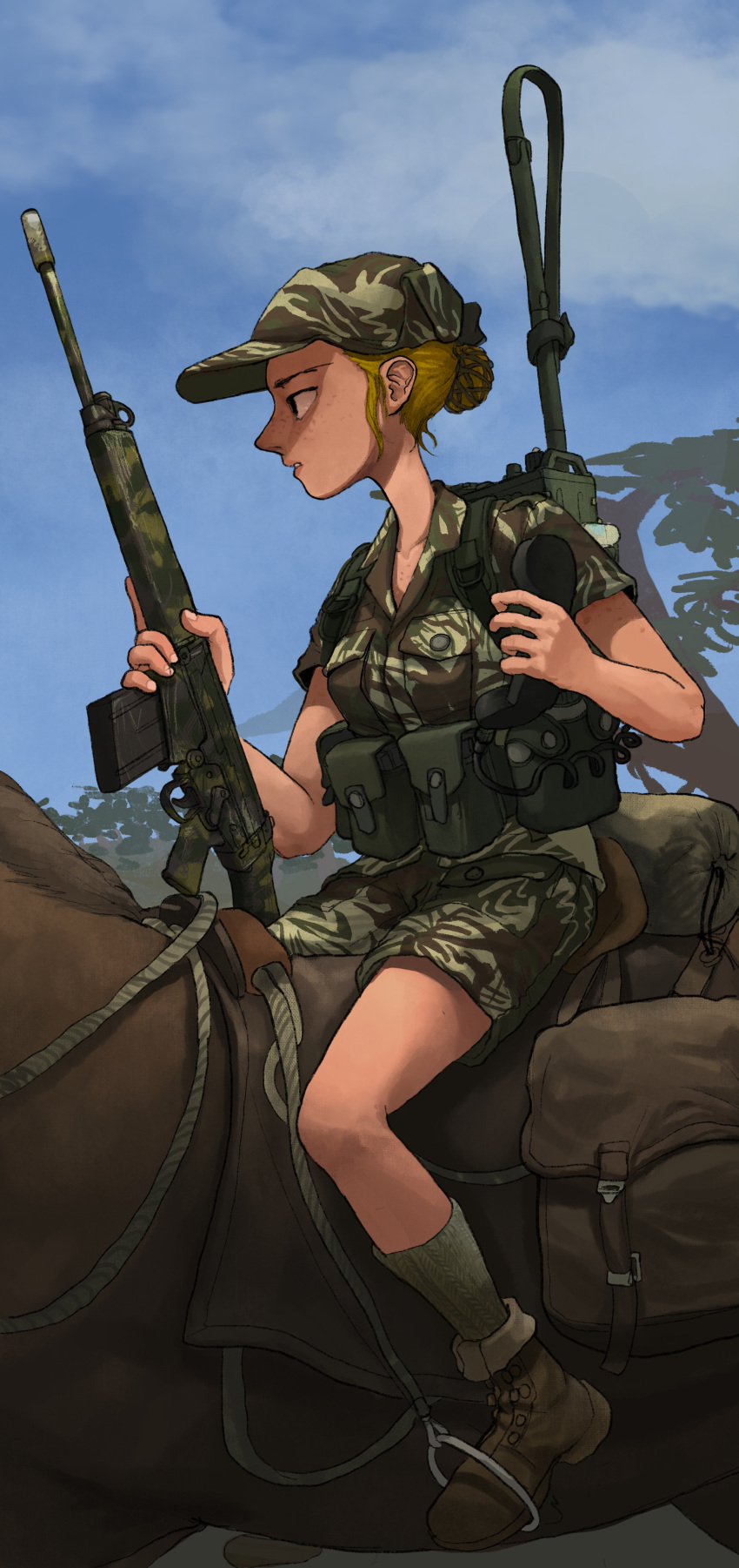 1girl absurdres assault_rifle belt blonde_hair blue_sky boots brown_footwear camouflage camouflage_headwear camouflage_jacket camouflage_shorts combat_boots commentary_request day english_commentary freckles green_headwear green_jacket green_legwear green_shorts gun hair_bun hat highres holding holding_gun holding_weapon horse horseback_riding jacket korean_commentary looking_to_the_side military military_hat military_uniform mixed-language_commentary on_animal original outdoors patrol_cap pouch riding rifle rifleman1130 short_hair short_sleeves shorts sitting sky socks solo tied_hair uniform utility_belt war weapon weapon_on_back weapon_request