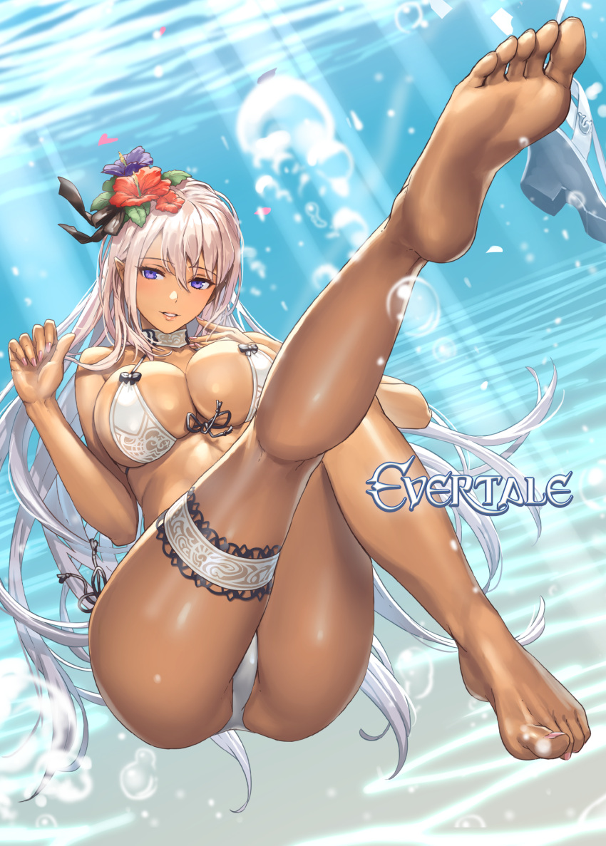 1girl air_bubble ass bangs bare_shoulders barefoot bikini breasts bubble cleavage commentary_request copyright_name cuboon dark-skinned_female dark_skin elmina_(evertale) evertale eyebrows_visible_through_hair fingernails flower full_body hair_flower hair_ornament hibiscus highres large_breasts long_hair looking_at_viewer nail_polish official_art parted_lips pink_hair pointy_ears purple_eyes sandals shiny shiny_hair shiny_skin simple_background smile submerged sunlight swimsuit thigh_strap thighs toes underwater water white_bikini